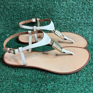 Tory Burch Padlock T-Strap Gold Logo Detail Leather Flat Thong Sandals Size 8.5